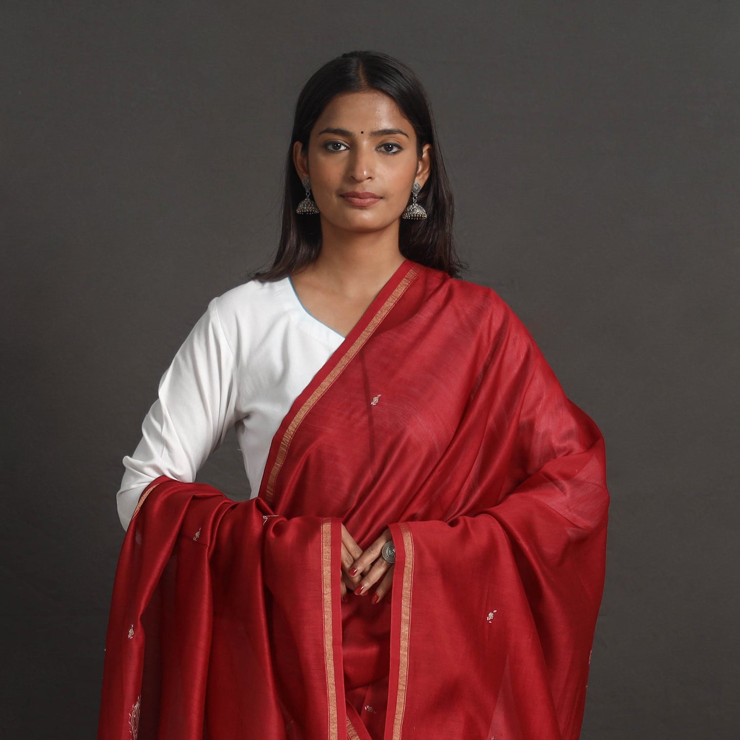 Red - Handloom Chanderi Silk Kashida Embroidery Dupatta 04