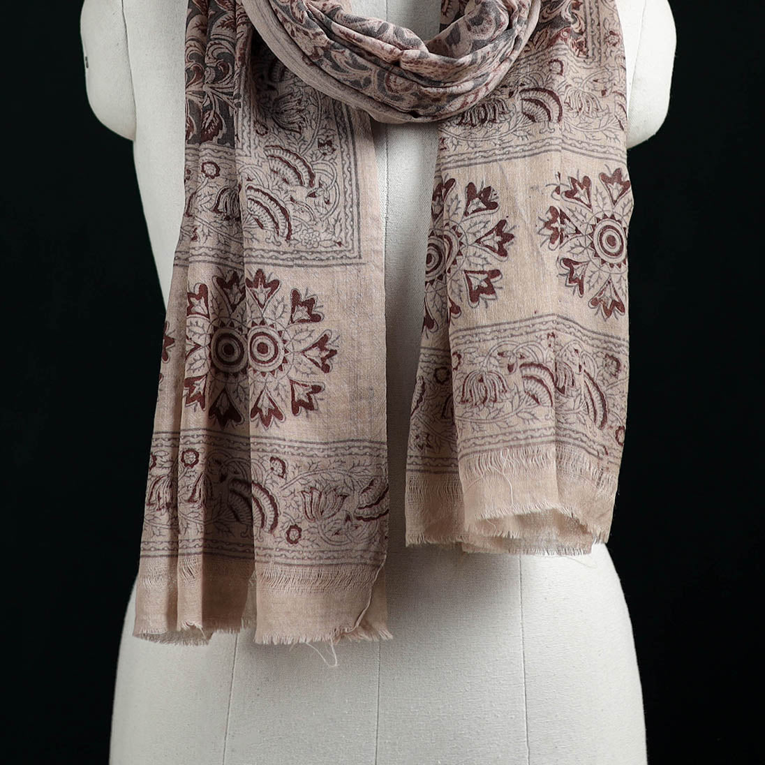 Pure Merino Wool Stole in Pedana Kalamkari Block Prints 71