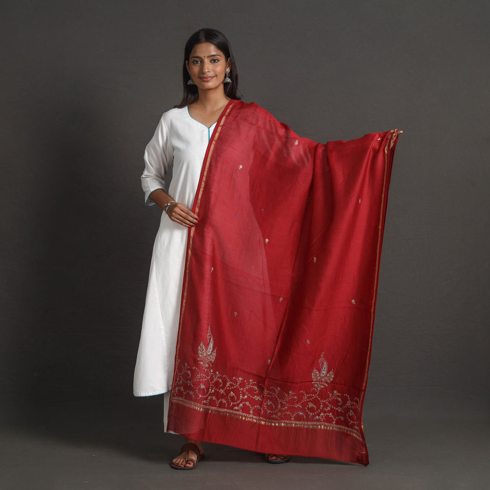 Red - Handloom Chanderi Silk Kashida Embroidery Dupatta 05