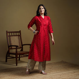 Red - Plain Spun Dupion Viscose Silk Buti A-Line Kurta for women 01