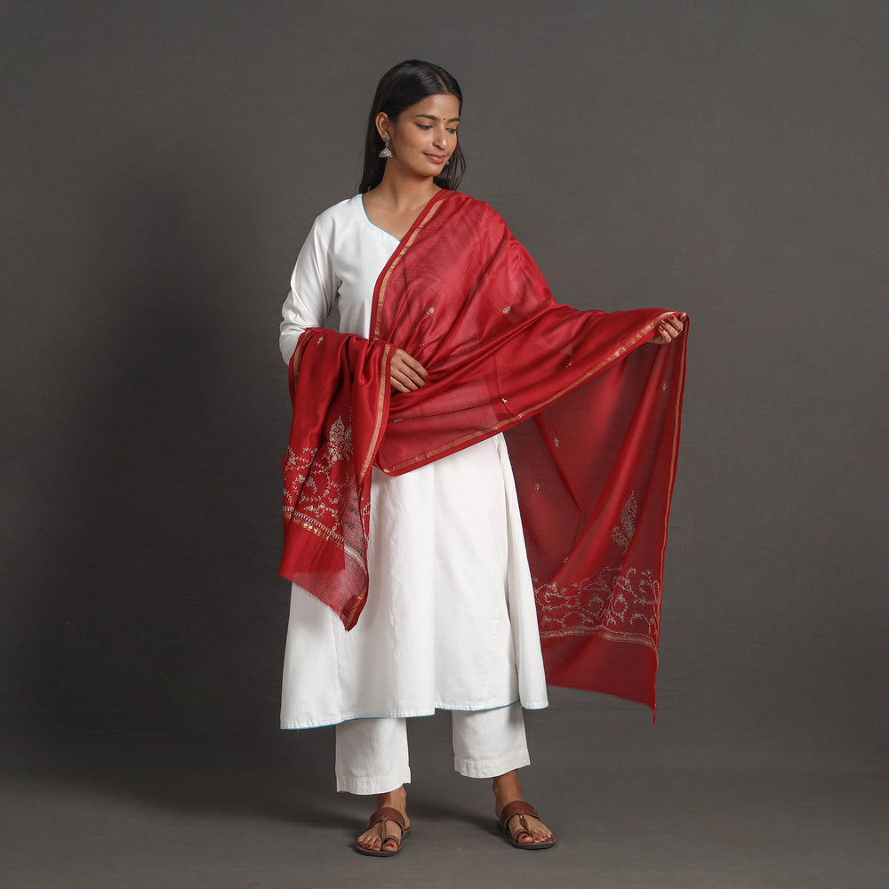 Red - Handloom Chanderi Silk Kashida Embroidery Dupatta 05