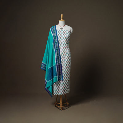 Sanganeri Block Print Cotton Unstitched Dress Material: Kurta, Bottom & Dupatta with Jewellery 44