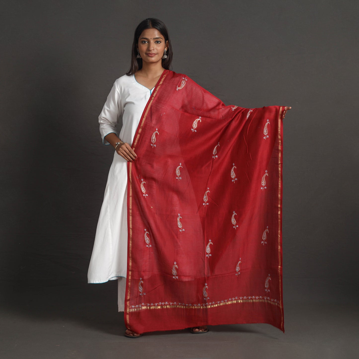 Red - Handloom Chanderi Silk Kashida Embroidery Dupatta 07