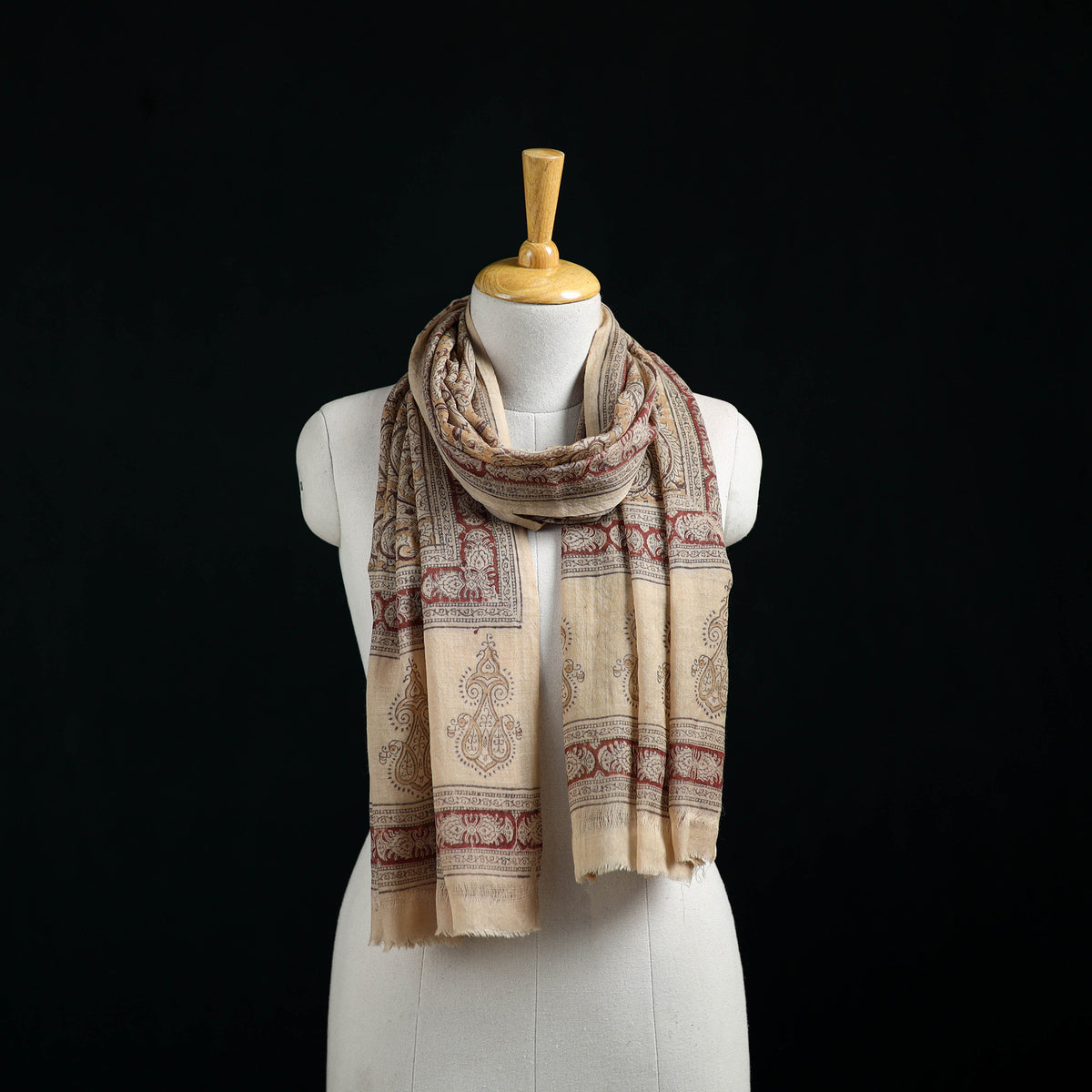 Pure Merino Wool Stole in Pedana Kalamkari Block Prints 77