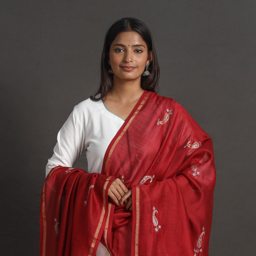 Red - Handloom Chanderi Silk Kashida Embroidery Dupatta 07