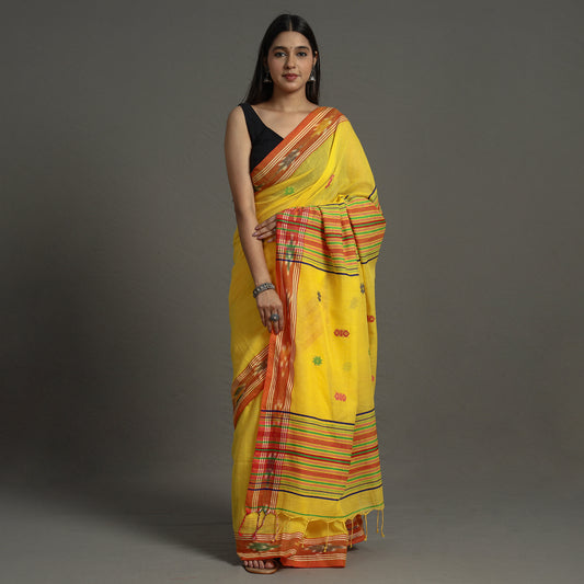 Yellow - Begampuri Handloom Cotton Saree with Ikat Border 11