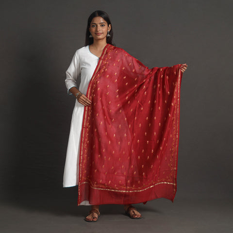 Red - Handloom Chanderi Silk Kashida Embroidery Dupatta 08