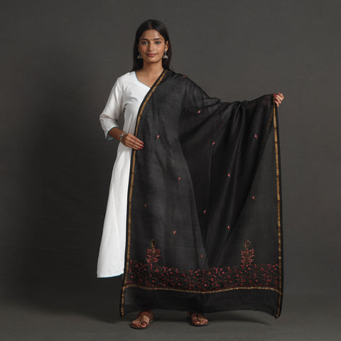 Black - Handloom Chanderi Silk Kashida Embroidery Dupatta 09