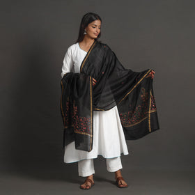 Black - handloom chanderi silk kashida embroidery dupatta