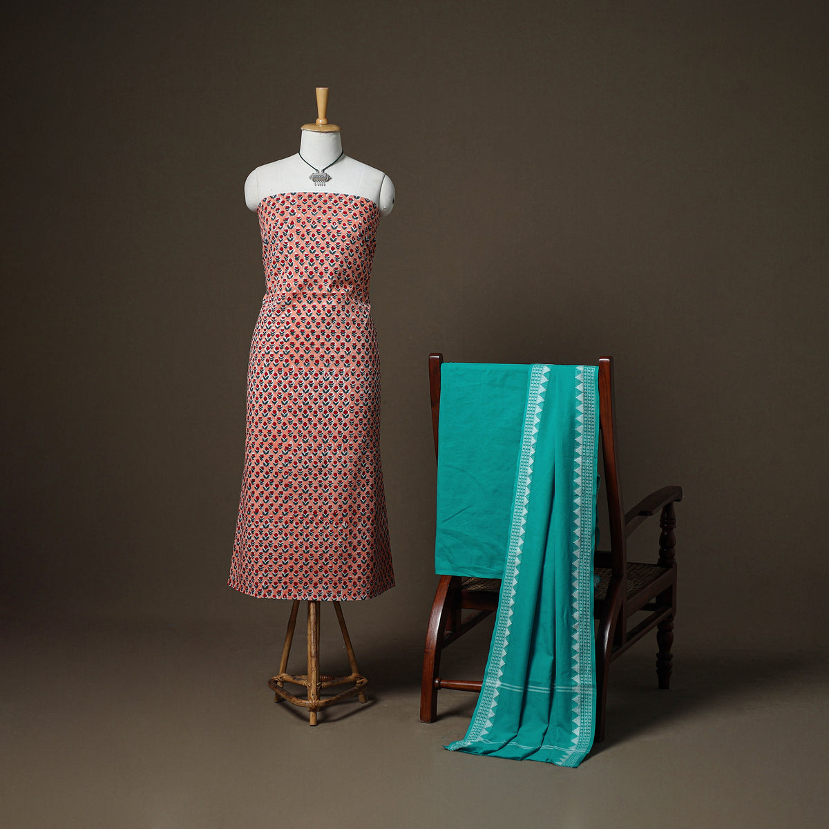 Sanganeri Block Print Cotton Unstitched Dress Material: Kurta, Bottom & Dupatta with Jewellery 46