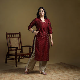 Maroon - Plain Spun Dupion Viscose Silk Buti Straight Kurta for women 07