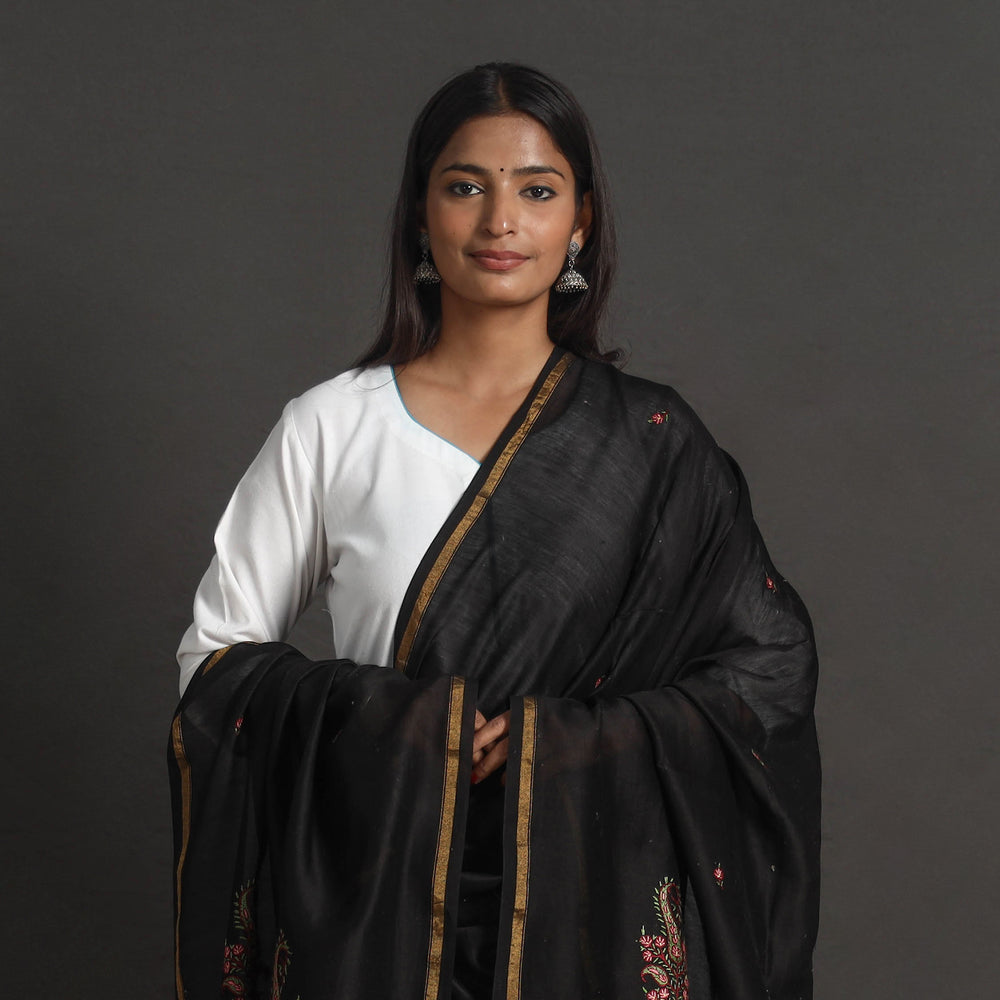 Black - Handloom Chanderi Silk Kashida Embroidery Dupatta 09