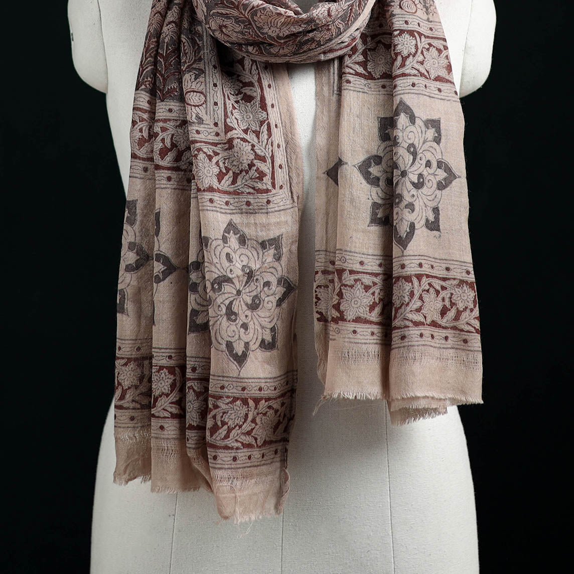 Pure Merino Wool Stole in Pedana Kalamkari Block Prints 85