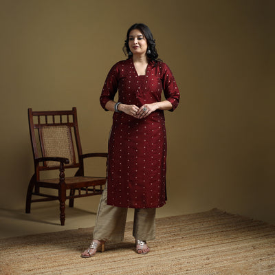 Maroon - Plain Spun Dupion Viscose Silk Buti Straight Kurta for women 07