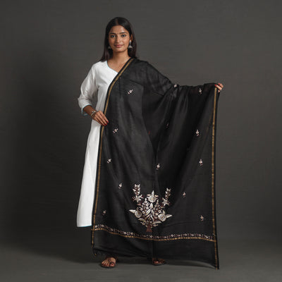 Black - Handloom Chanderi Silk Kashida Embroidery Dupatta 10