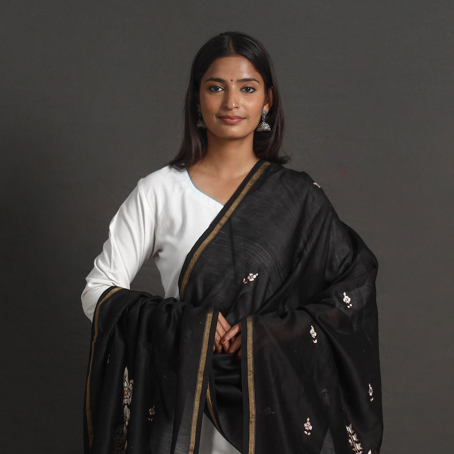 Black - Handloom Chanderi Silk Kashida Embroidery Dupatta 10