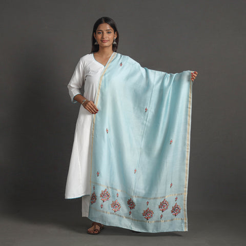 Blue - Handloom Chanderi Silk Kashida Embroidery Dupatta 11