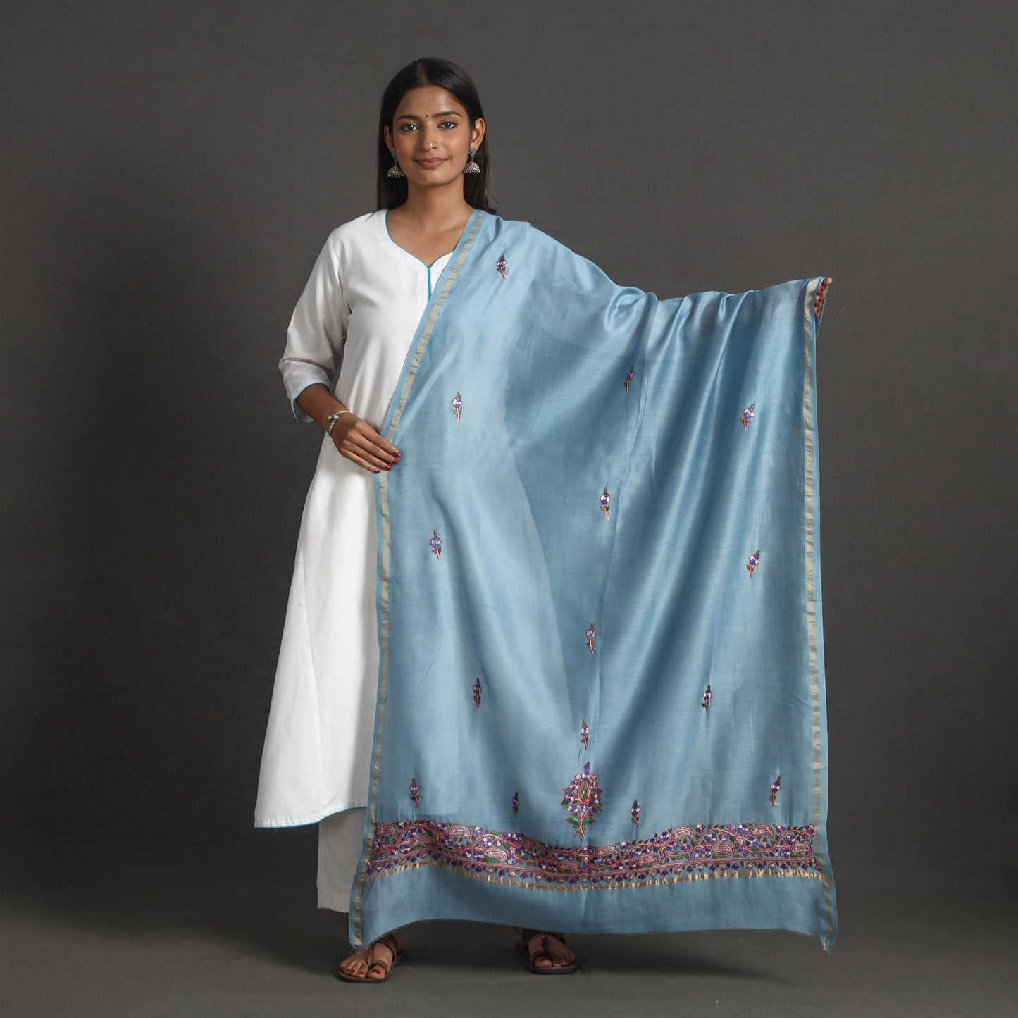 Blue - Handloom Chanderi Silk Kashida Embroidery Dupatta 12