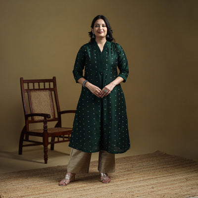 Green - Plain Spun Dupion Viscose Silk Buti A-Line Kurta for women 02