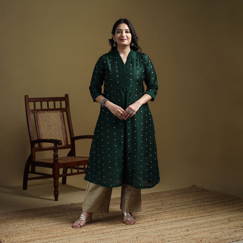 Green - Plain Spun Dupion Viscose Silk Buti A-Line Kurta for women 02