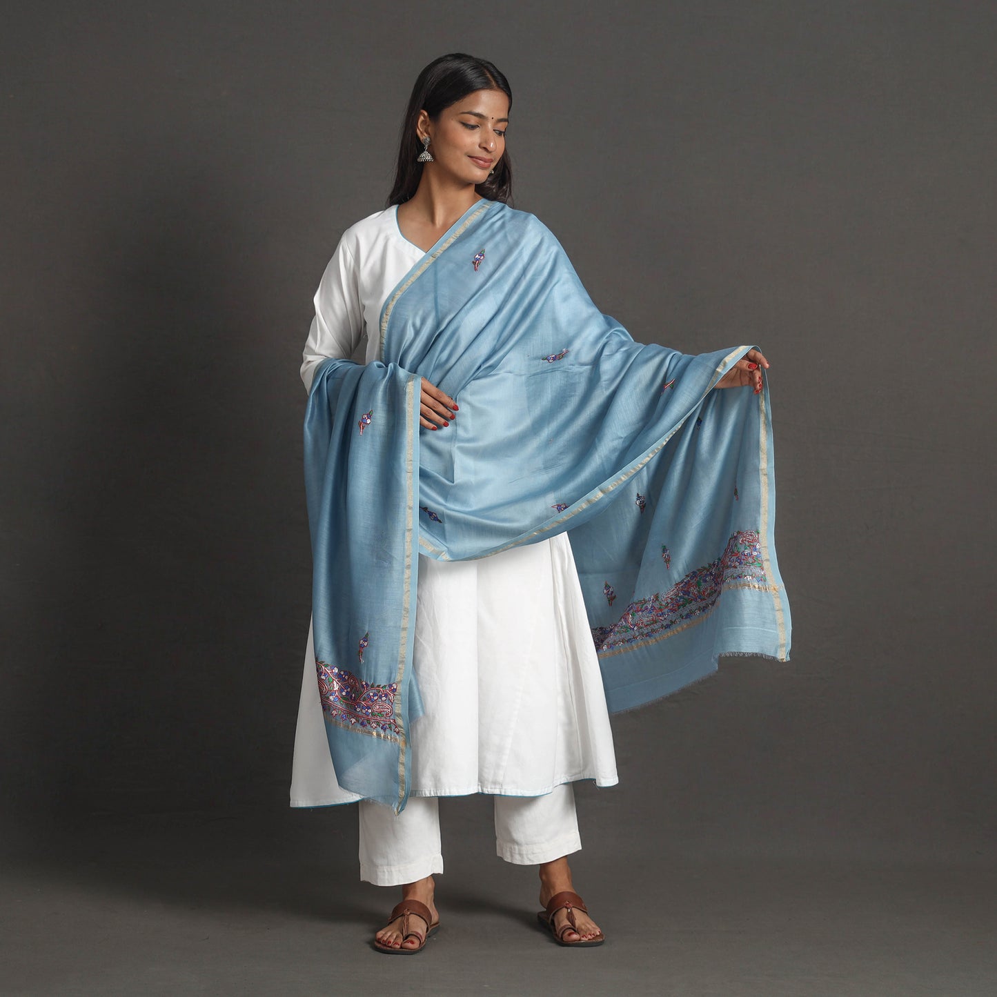 Blue - Handloom Chanderi Silk Kashida Embroidery Dupatta 12