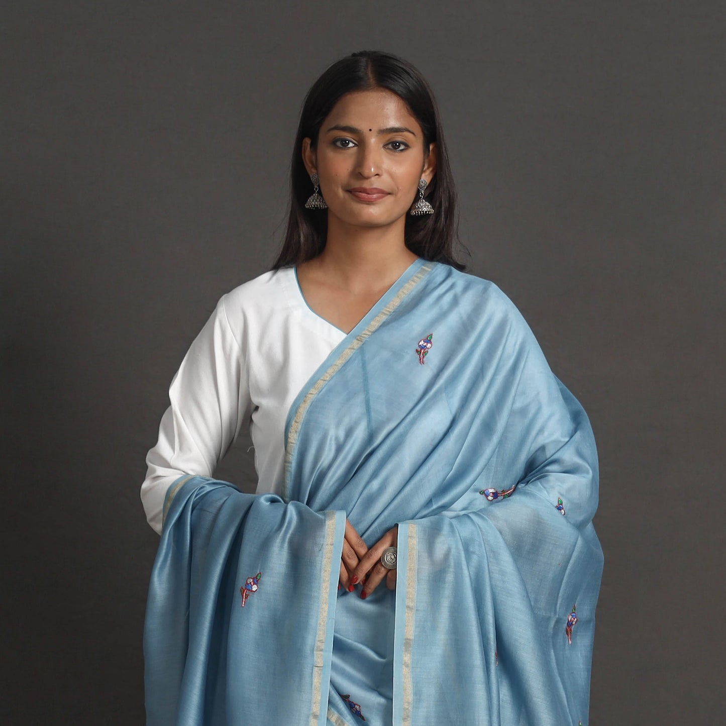 Blue - Handloom Chanderi Silk Kashida Embroidery Dupatta 12