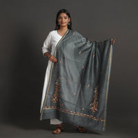 Grey - Handloom Chanderi Silk Kashida Embroidery Dupatta 13