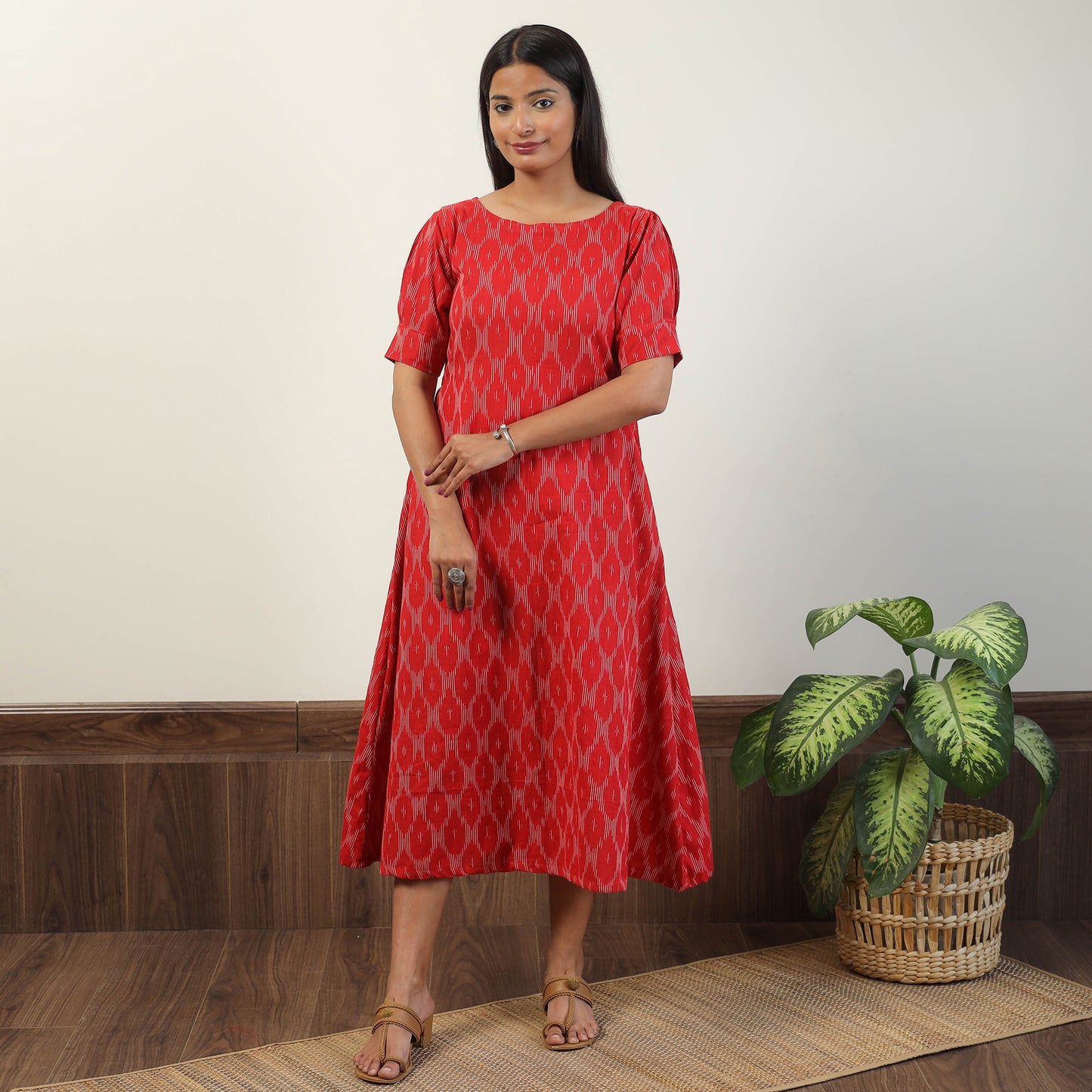 Red - Pochampally Ikat Weave Cotton Dress 03