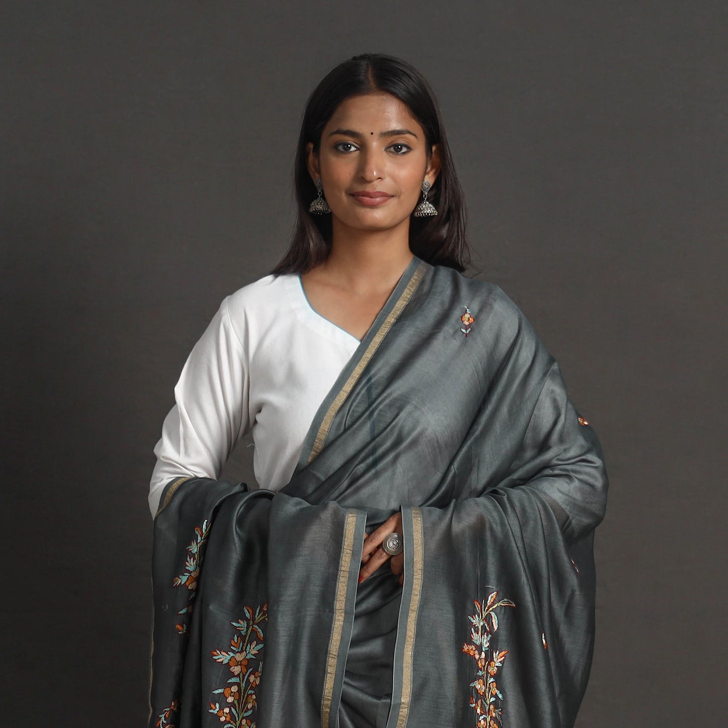 Grey - Handloom Chanderi Silk Kashida Embroidery Dupatta 13