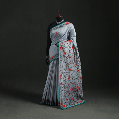 Hand Embroidered Chapa Work Silk Cotton Saree 20