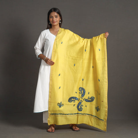 Yellow - Handloom Chanderi Silk Kashida Embroidery Dupatta 14