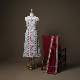 Sanganeri Block Print Cotton Unstitched Dress Material: Kurta, Bottom & Dupatta with Jewellery 48
