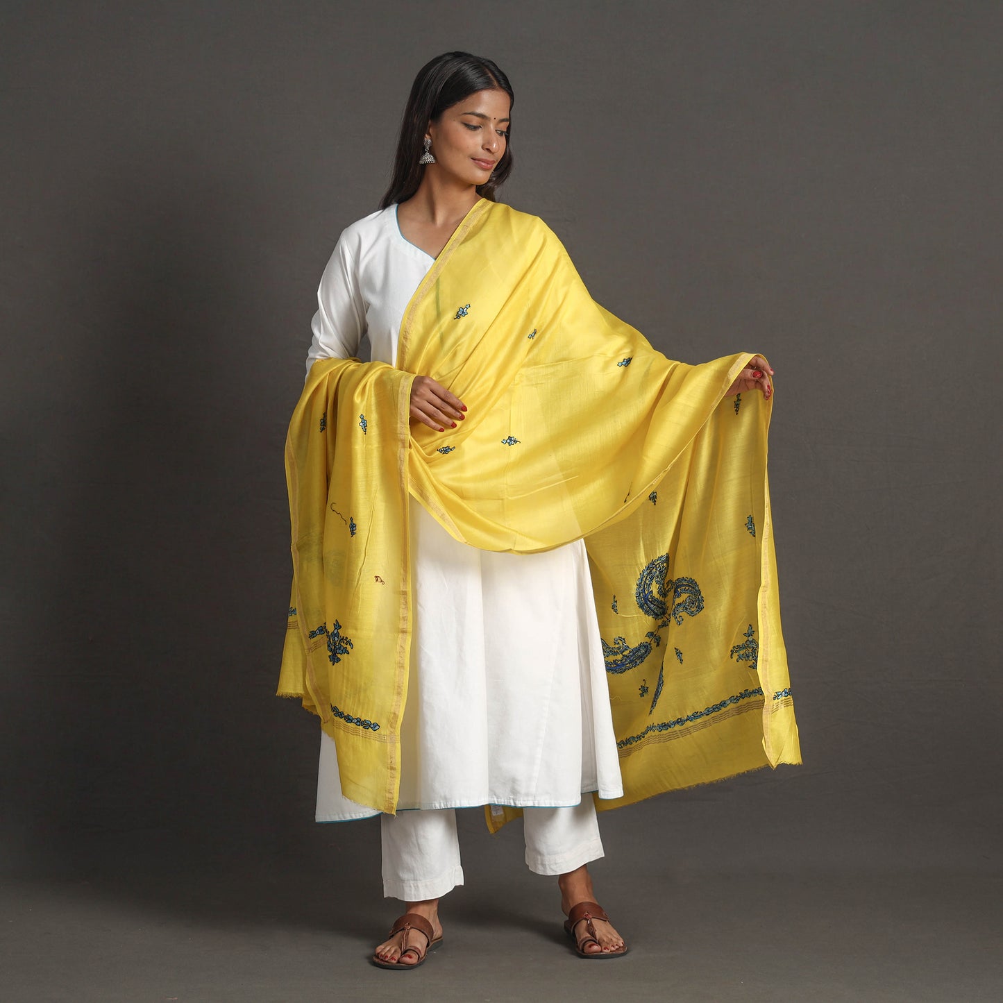 Yellow - Handloom Chanderi Silk Kashida Embroidery Dupatta 14