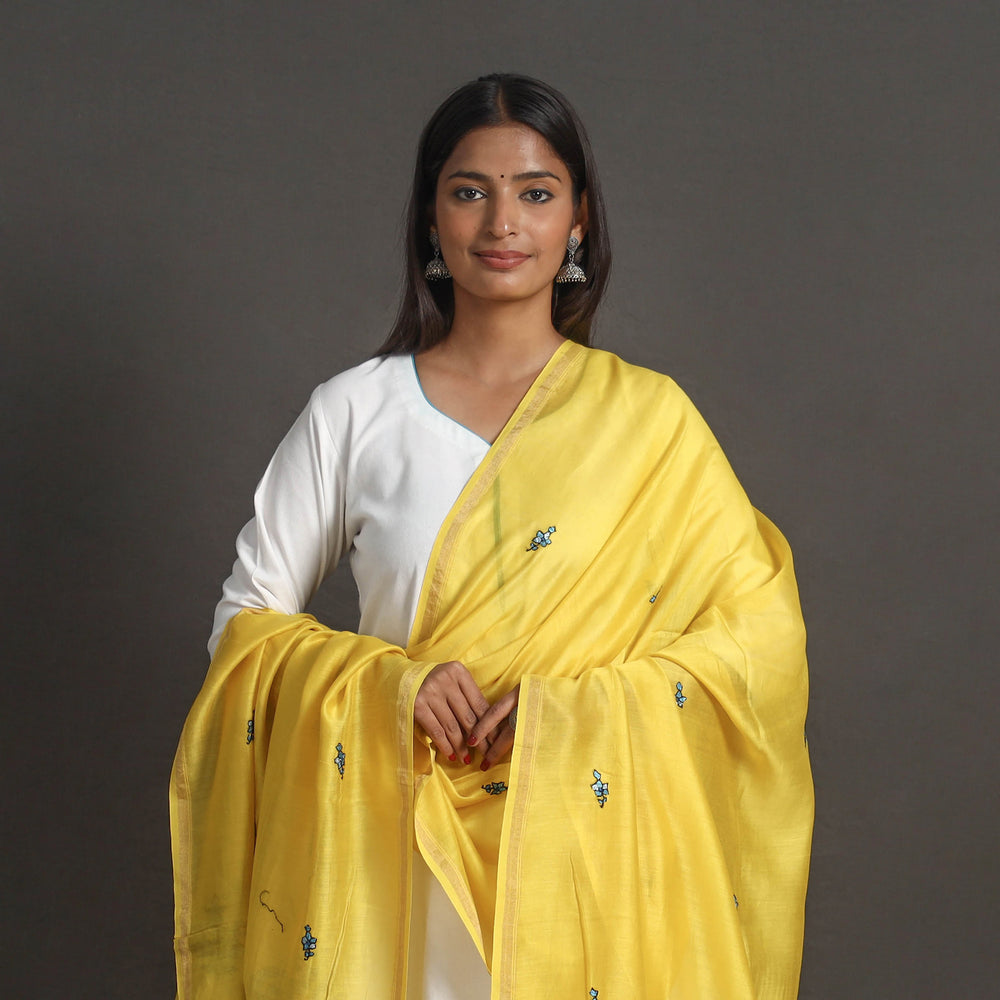 Yellow - Handloom Chanderi Silk Kashida Embroidery Dupatta 14