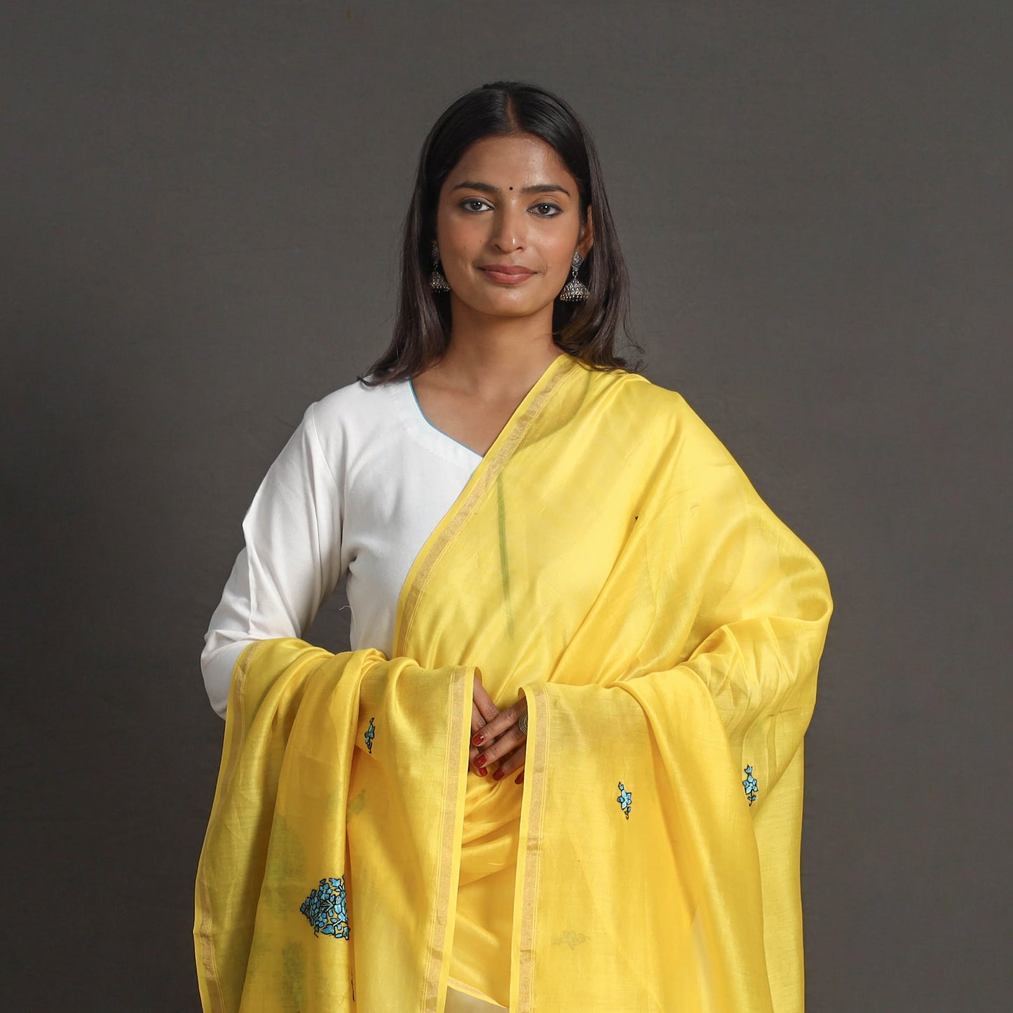 Yellow - Handloom Chanderi Silk Kashida Embroidery Dupatta 15