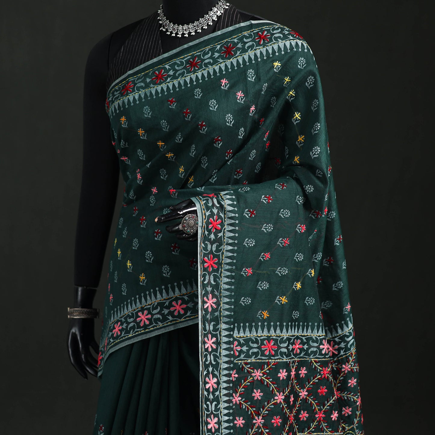 Hand Embroidered Chapa Work Silk Cotton Saree 21