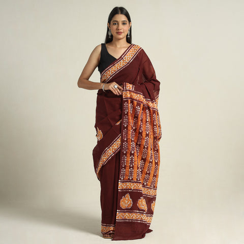 Maroon - Hand Batik Printed Cotton Saree