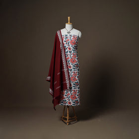 Sanganeri Block Print Cotton Unstitched Dress Material: Kurta, Bottom & Dupatta with Jewellery 49