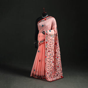 Peach - Hand Embroidered Chapa Work Silk Cotton Saree 22