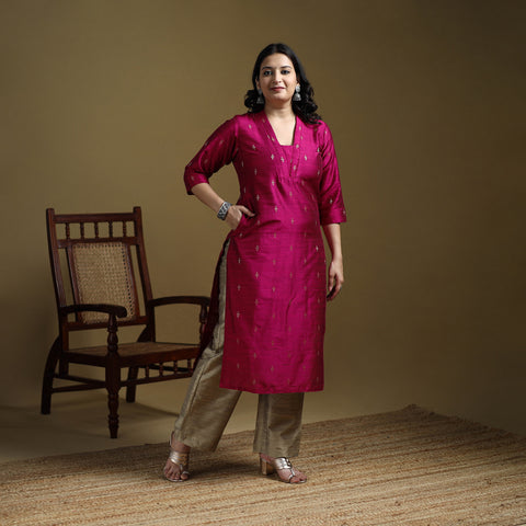 Pink - Plain Spun Dupion Viscose Silk Buti Straight Kurta for women 06