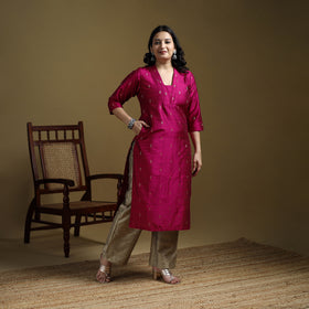 Pink - Plain Spun Dupion Viscose Silk Buti Straight Kurta for women 06
