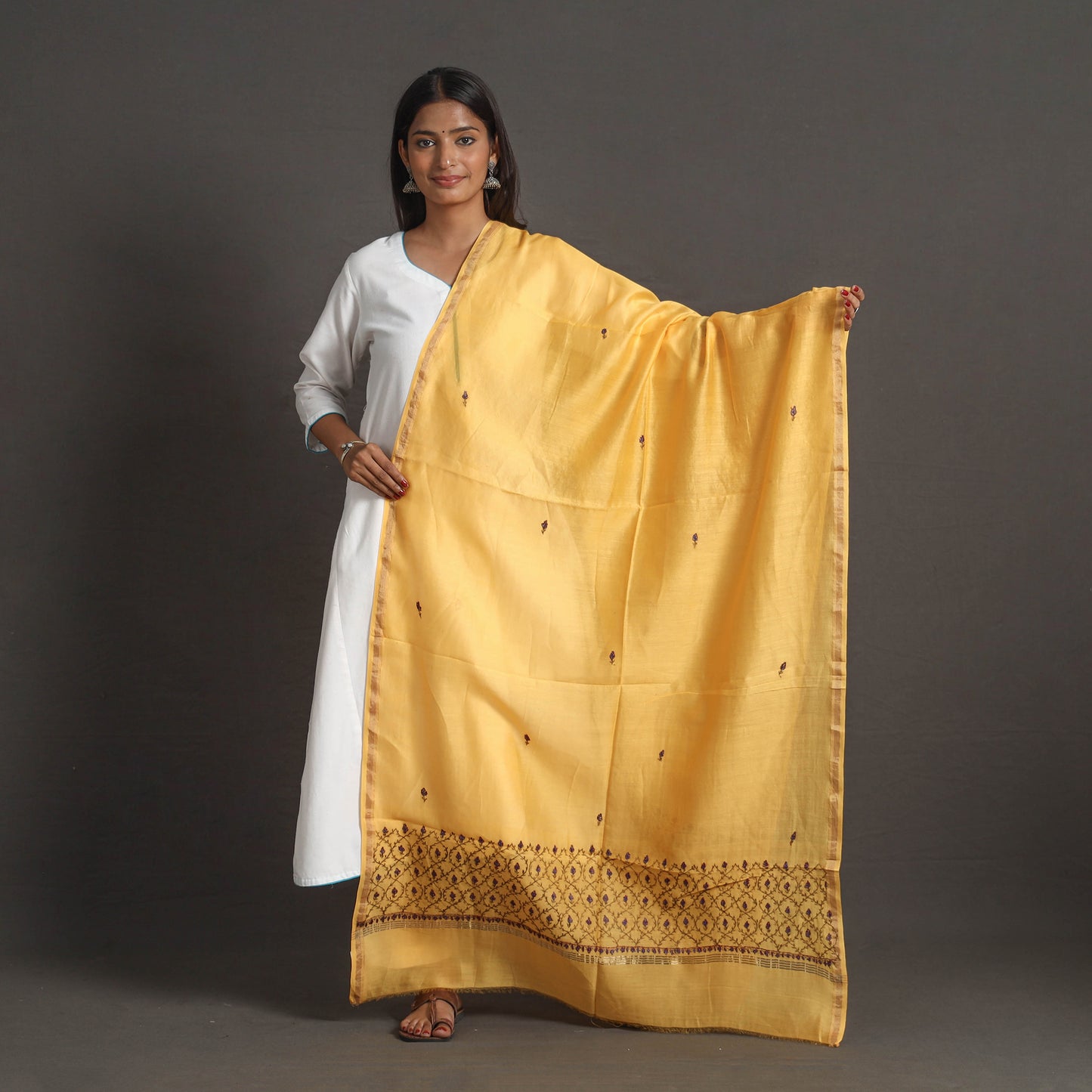 Yellow - Handloom Chanderi Silk Kashida Embroidery Dupatta 19