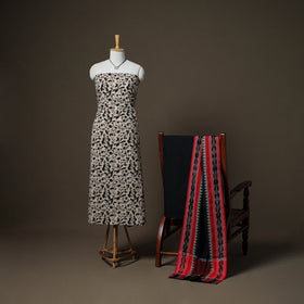 Sanganeri Block Print Cotton Unstitched Dress Material: Kurta, Bottom & Dupatta with Jewellery 50