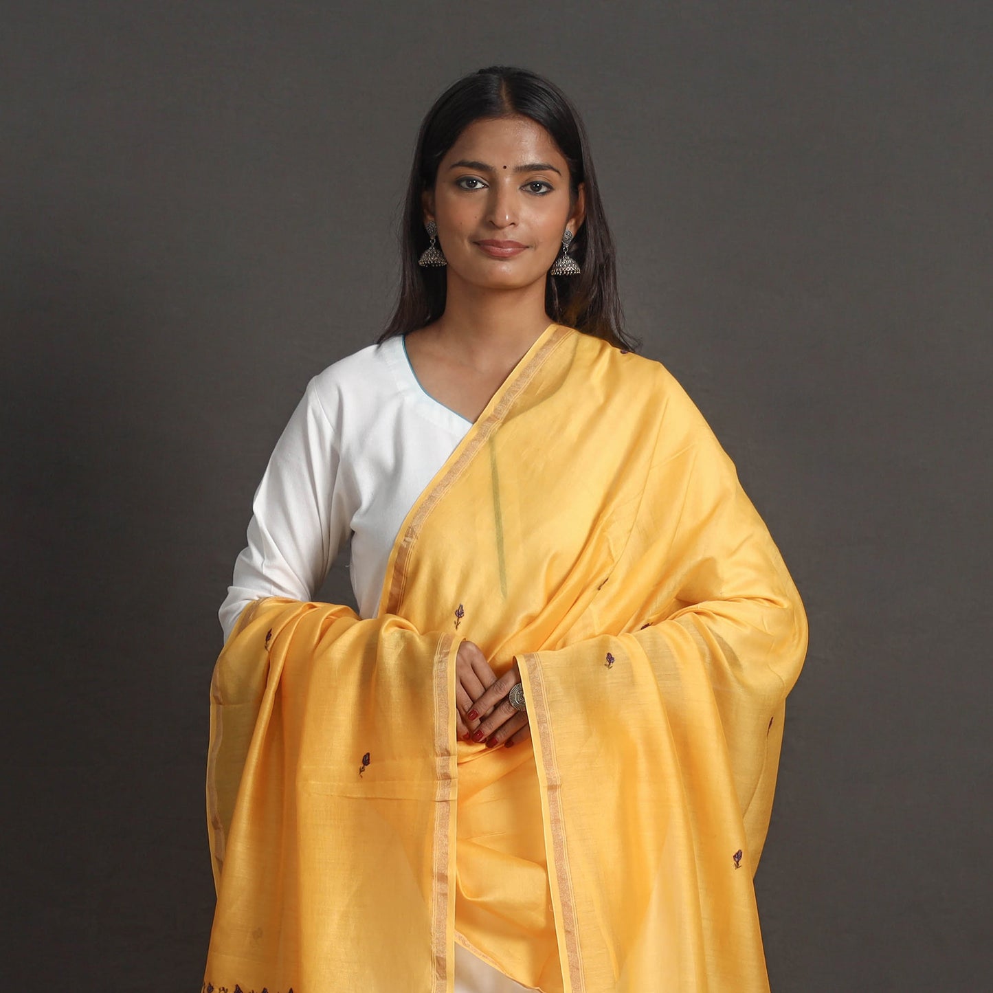 Yellow - Handloom Chanderi Silk Kashida Embroidery Dupatta 19