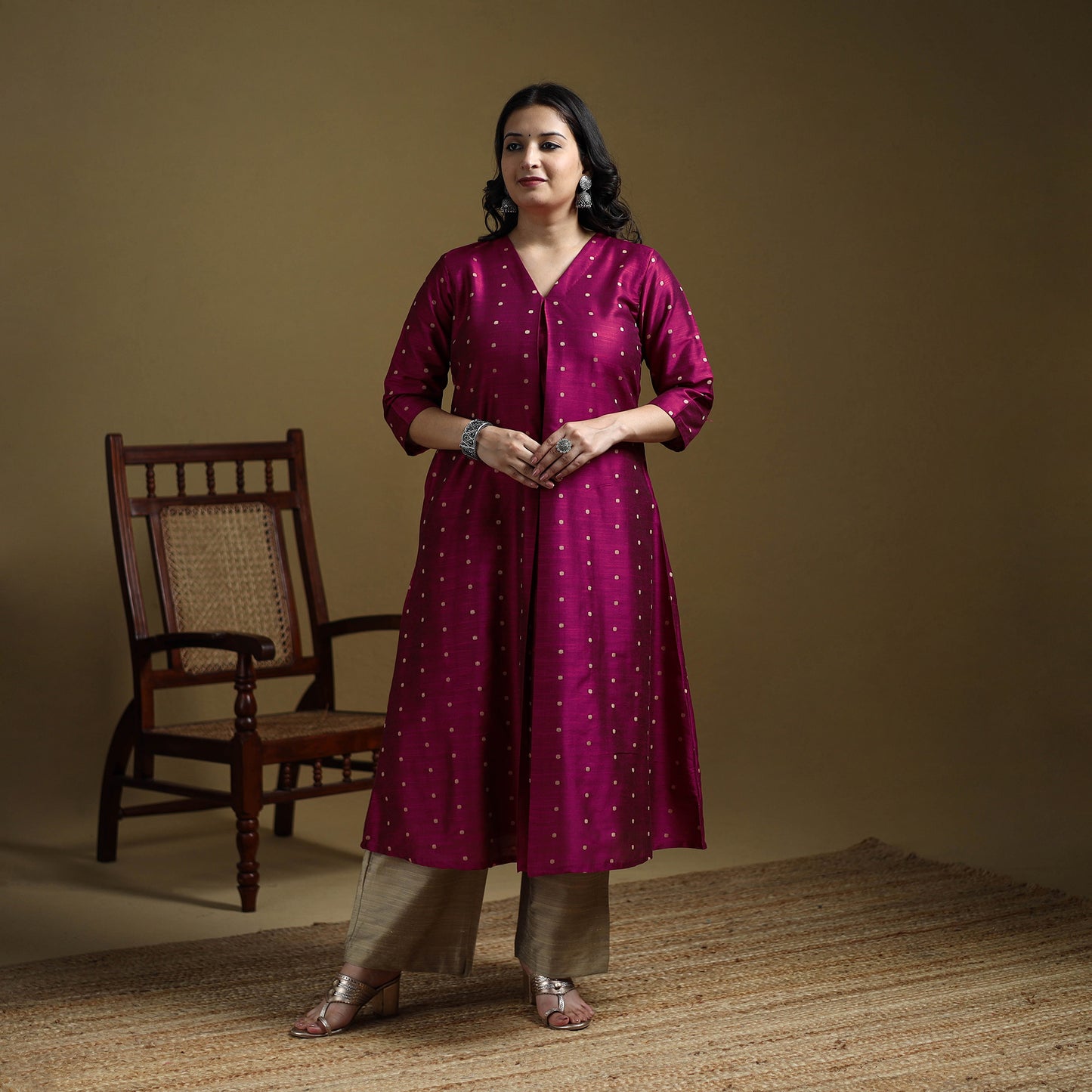 Pink - Plain Spun Dupion Viscose Silk Buti A-Line Kurta for women 14