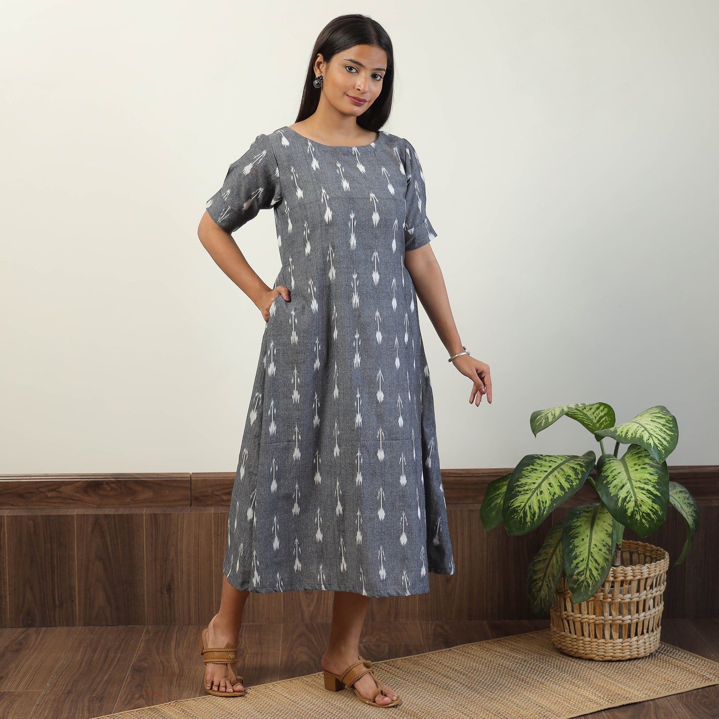 Grey - Pochampally Ikat Weave Cotton Dress 05