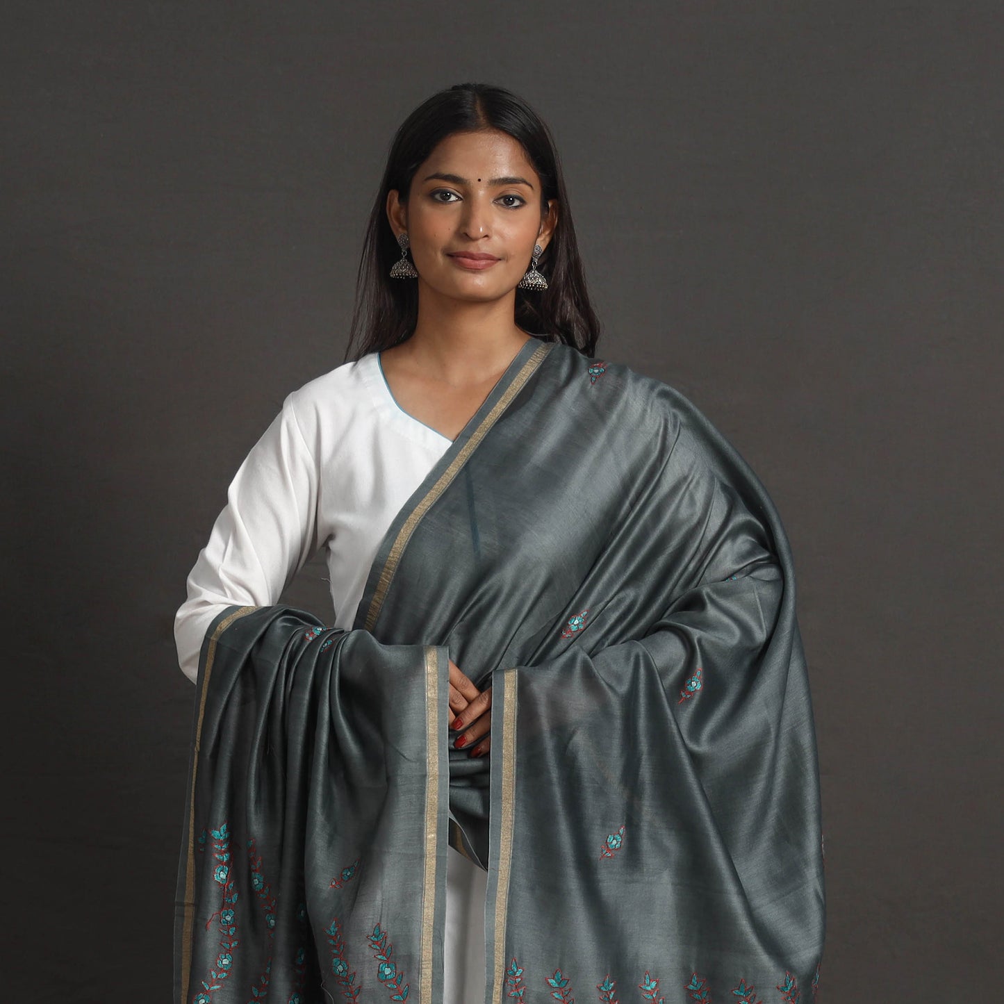 Grey - Handloom Chanderi Silk Kashida Embroidery Dupatta 20