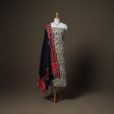 Sanganeri Block Print Cotton Unstitched Dress Material: Kurta, Bottom & Dupatta with Jewellery 50