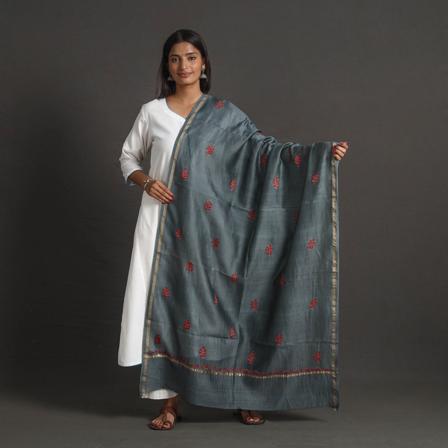 Grey - Handloom Chanderi Silk Kashida Embroidery Dupatta 21