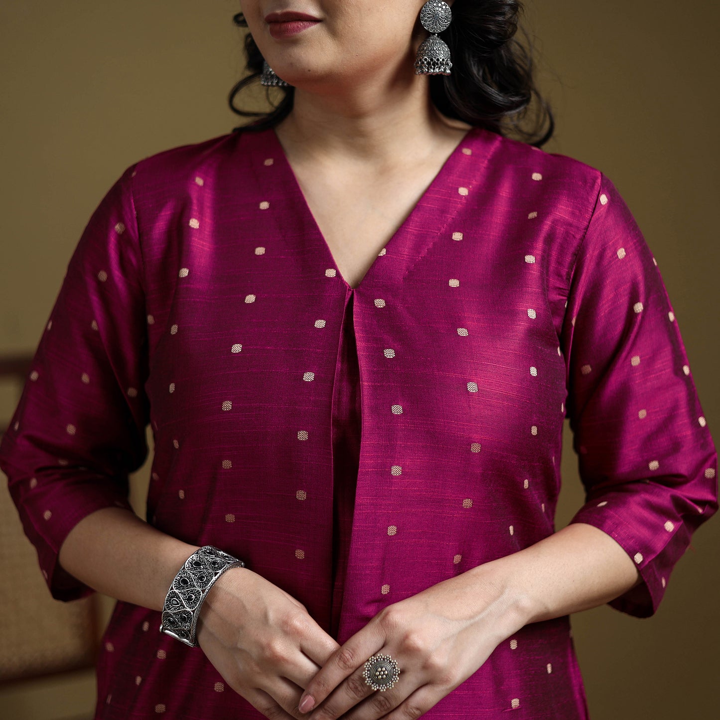 Pink - Plain Spun Dupion Viscose Silk Buti A-Line Kurta for women 14